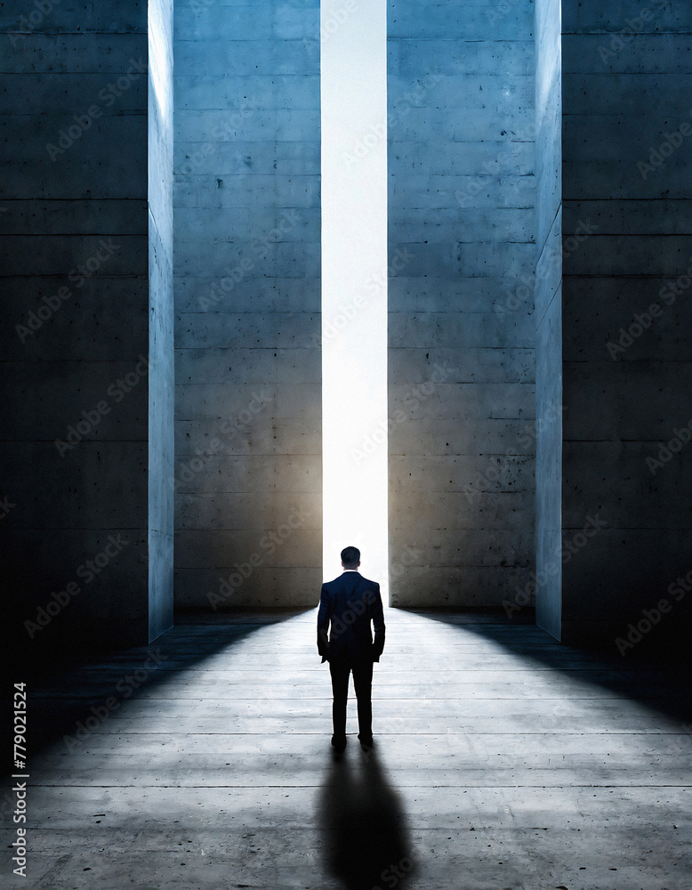 silhouette of a man standing in front of a opening between two huge high walls silhouette of a man standing in front of a opening between two huge high walls