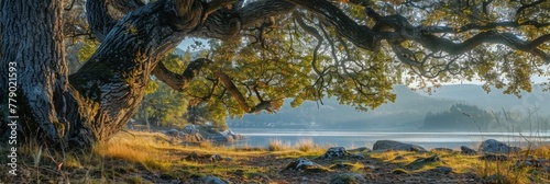 Sunlit ancient tree in a serene landscape - The warm glow of the sun illuminates an ancient oak tree, highlighting its strength and the peaceful surroundings