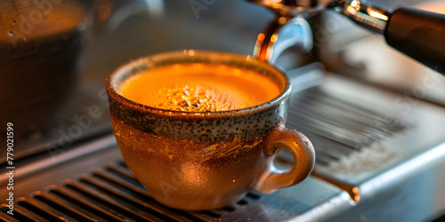 espresso coffee in a cup,  coffee breaks or cozy cafe scenes, espressos shot glass in a coffee shop. photo