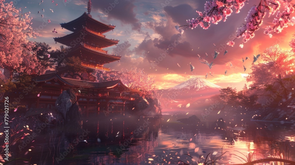 Serene Japanese shrine with Mount Fuji backdrop - This exquisite image showcases a serene Japanese shrine with the iconic Mount Fuji in the background during cherry blossom season