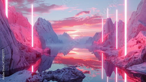 The color is super cool. It is 3D rendering. It is an aesthetic minimalist wallpaper. There are rocky mountains, water, a pink sunset sky, neon lines and a futuristic background that is abstract.