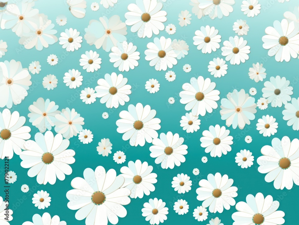 Turquoise and white daisy pattern, hand draw, simple line, flower floral spring summer background design with copy space for text or photo backdrop 