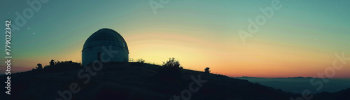 Atmospheric stock image of a quiet observatory at twilight, the dome silhouetted against a gradient sky ,hyper realistic, low noise, low texture