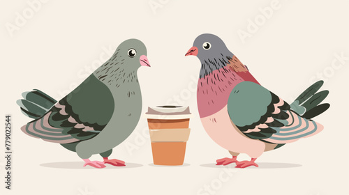 Two lazy pigeon with coffee in the wings. vector il