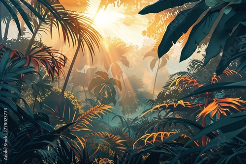 Illustration of a wild tropical jungle in bright colors  the rays of the bright sun penetrate through the palm trees and plants