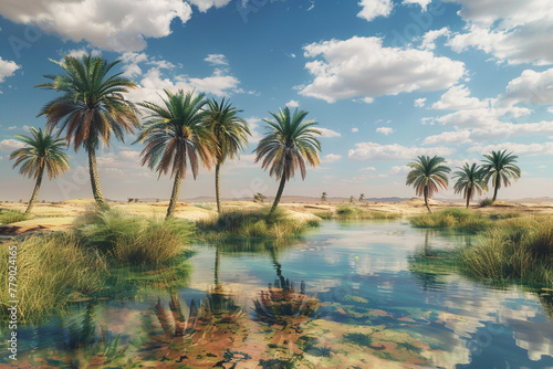 Desert oasis scene with palm trees and a clear, reflective water pool, contrasting the surrounding arid landscape with a spot of verdant life 