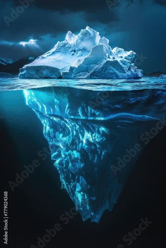 Hyper-realistic depiction of icebergs floating in dark  polar waters  their submerged bulk hinting at hidden depths