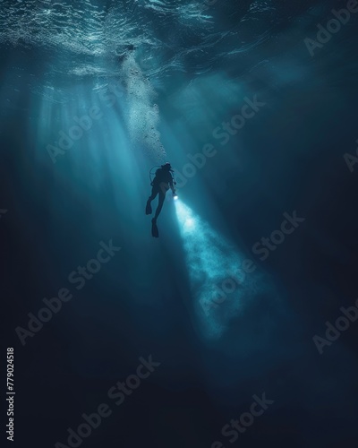 Realistic depiction of a diver's flashlight barely illuminating the immense darkness of the deep sea © Pungu x
