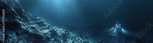 Realistic image of a deep-sea trench, with faint lights from a submersible hinting at the scale of the abyss