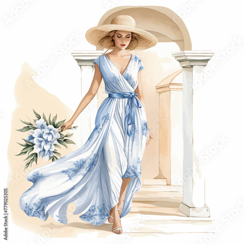 Painting woman in a blue and white dress and a straw hat © Florin