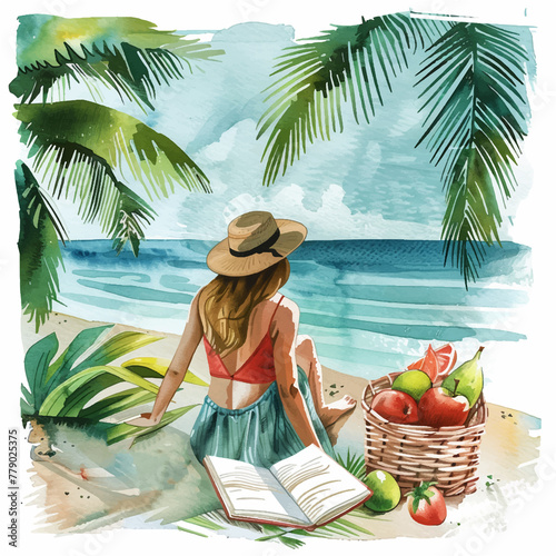 woman sitting on the beach with a book and a basket watercolor paint