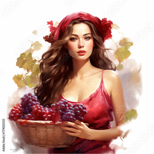 Woman in a red dress holding a basket of grapes watercolor paint