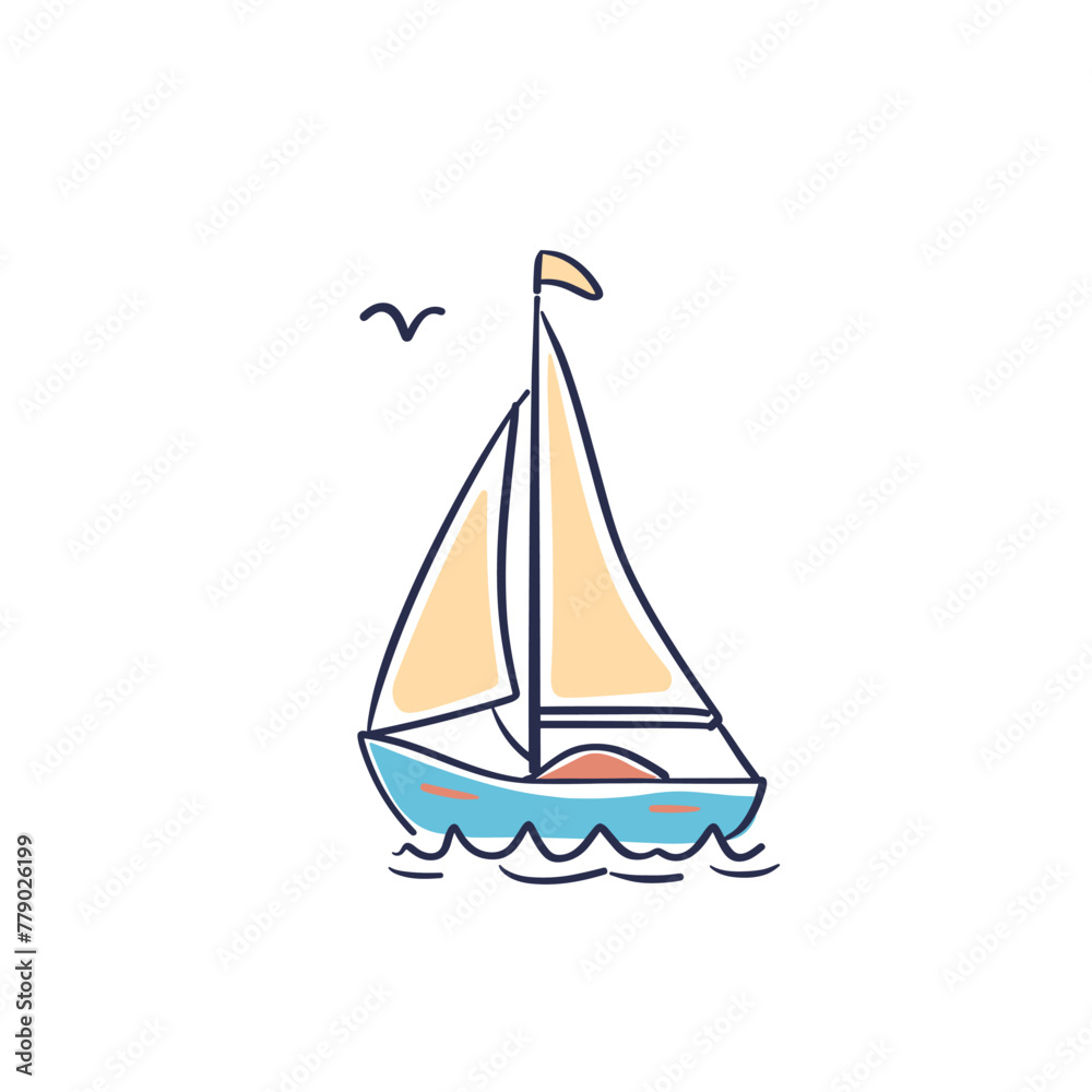 Minimalist colorful boat and flying birds.
