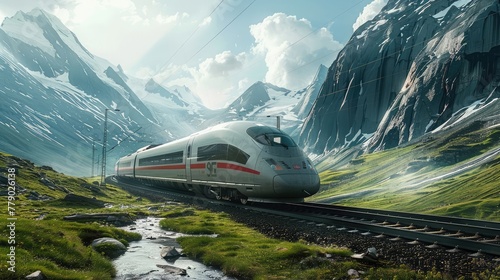 A high-speed train traveling through a mountainous region  with 6G cellular coverage ensuring seamless connectivity 