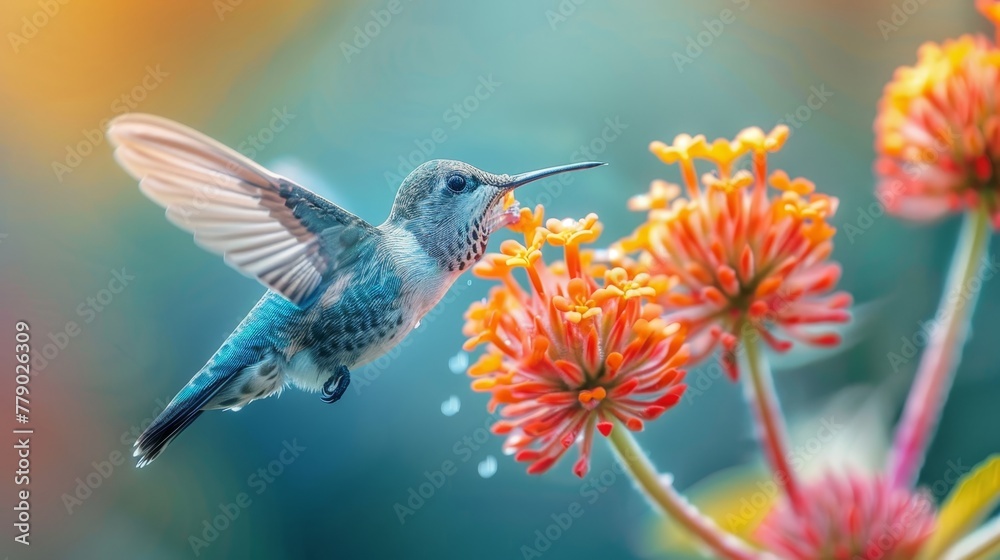 Fototapeta premium Macro shot of hovering hummingbird sipping nectar from colorful flower in motion