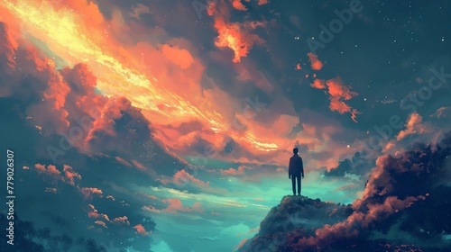 Person Contemplating Under a Cosmic Fiery Sky