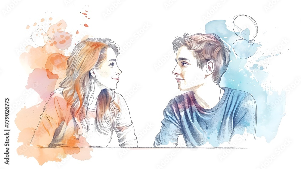 Couple Discussing Future Plans and Intertwined Dreams in Colorful Illustrated Sketch Couple Discussing Future Plans and Intertwined Dreams in Colorful Illustrated Sketch