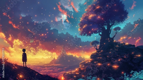 Child Witnessing a Magical Starlit Sky and Fiery Clouds