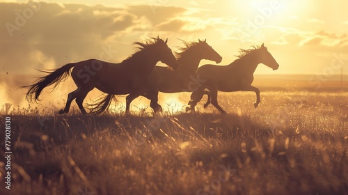 A close-up portrait silhouette of horses running on plains, the sun casting long shadows, highlighting their graceful movement © anupdebnath