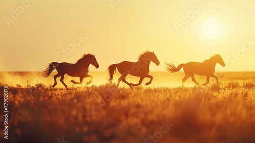 A close-up portrait silhouette of horses running on plains  the sun casting long shadows  highlighting their graceful movement