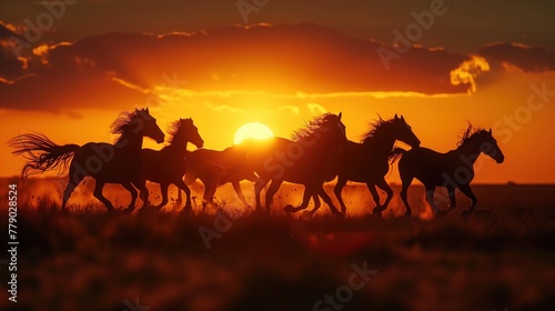 A close-up portrait silhouette of horses running on plains  the sun casting long shadows  highlighting their graceful movement