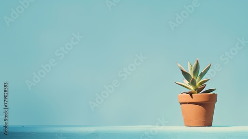 A lone succulent plant in a terracotta pot  set against a calming sky blue backdrop