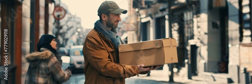 Delivery of goods and parcels, the delivery man holding cardboard box, banner