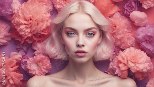 A surreal portrait of a woman with striking blue eyes surrounded by an abundance of pink flowers