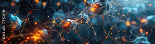 Hyper-realistic image of nanobots repairing neurons in the brain, illuminated by neural electrical impulses, 3D illustration