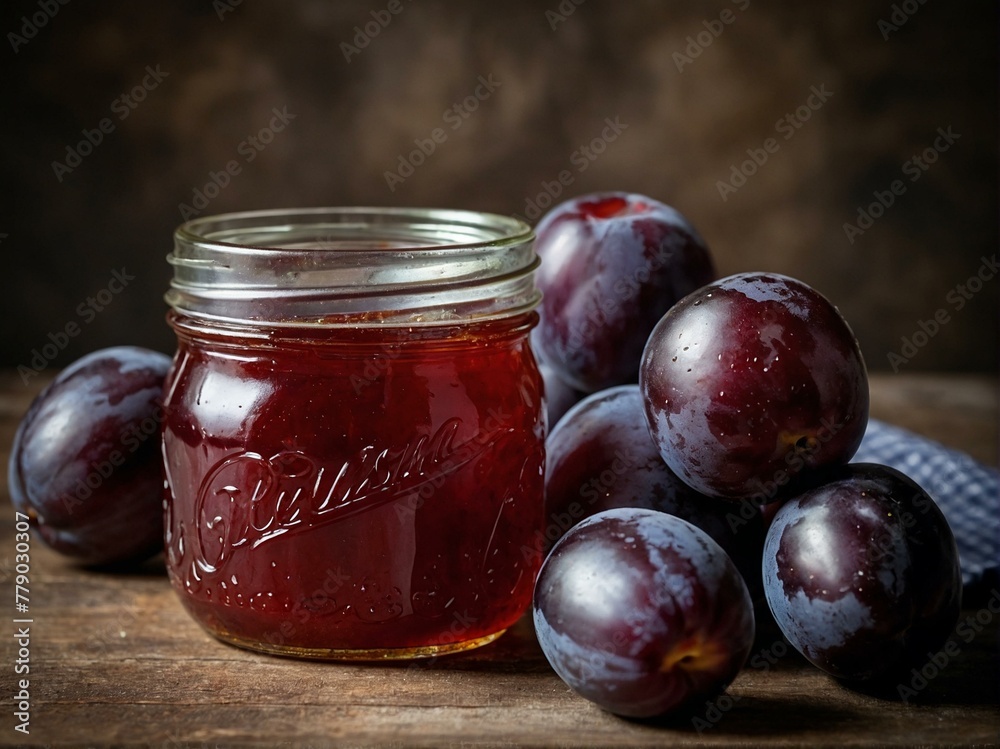 A jar of homemade plum jam is surrounded by ripe plums, against a rustic background, implying home cooking A jar of homemade plum jam is surrounded by ripe plums, against a rustic background, implying home cooking