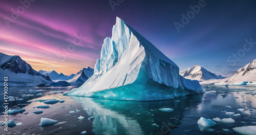 Arctic iceberg in northern sea, glacier rock floating in the ocean. Polar landscape background, ice, water and purple sunset sky, Greenland coast realistic illustration
