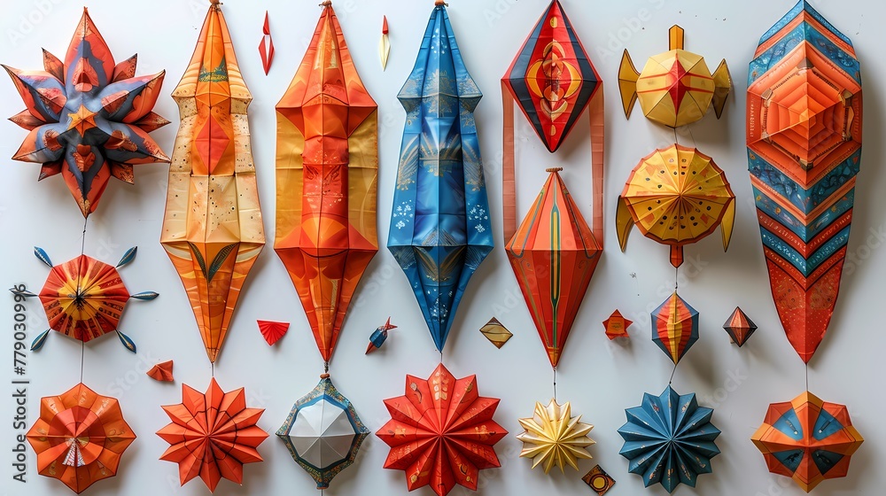 A collection of various kite shapes and sizes placed on a white backdrop, showcasing the diversity of Basant