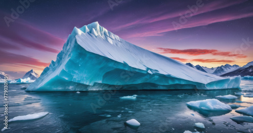 Arctic iceberg in northern sea, glacier rock floating in the ocean. Polar landscape background, ice, water and purple sunset sky, Greenland coast realistic illustration