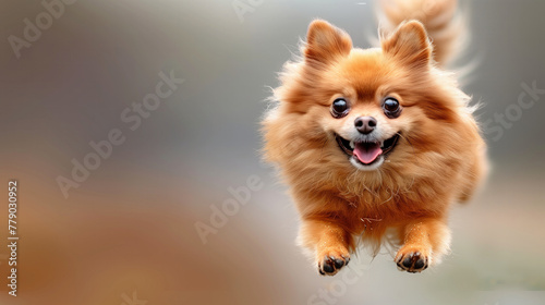 A dog is jumping in the air and is smiling. The dog is brown and fluffy. The image has a happy and playful mood. Dog jumping in the air, small orange fluffy dog on isolated background