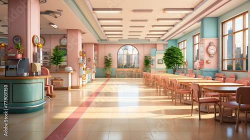 Cafeteria interior with pink and blue pastel colors