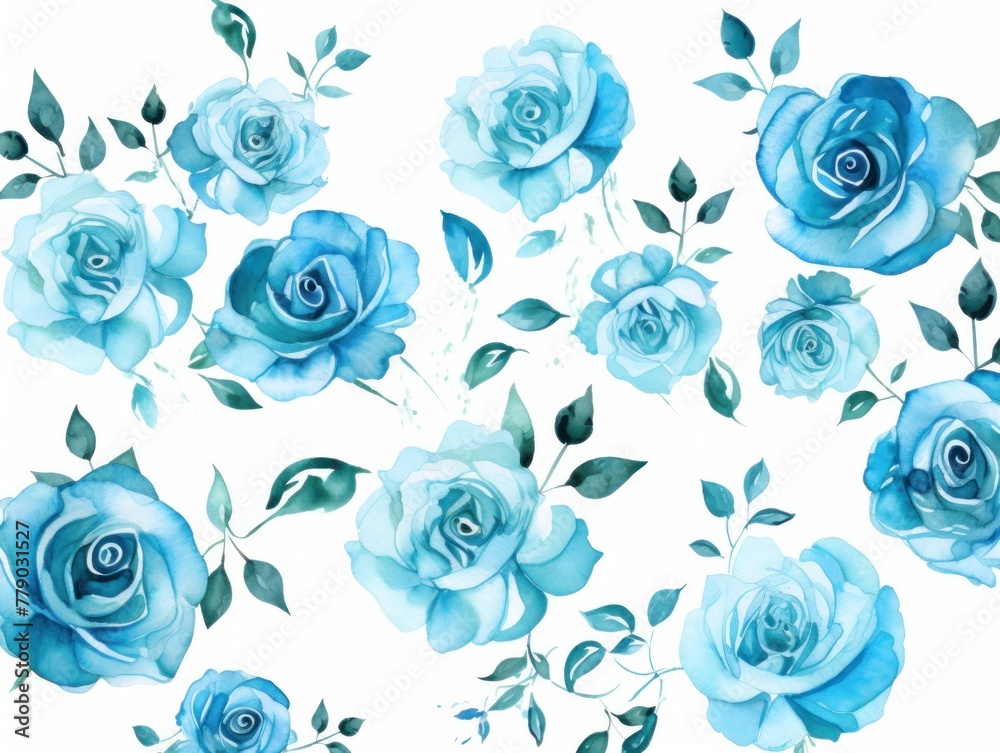 Turquoise roses watercolor clipart on white background, defined edges floral flower pattern background with copy space for design text or photo backdrop minimalistic 