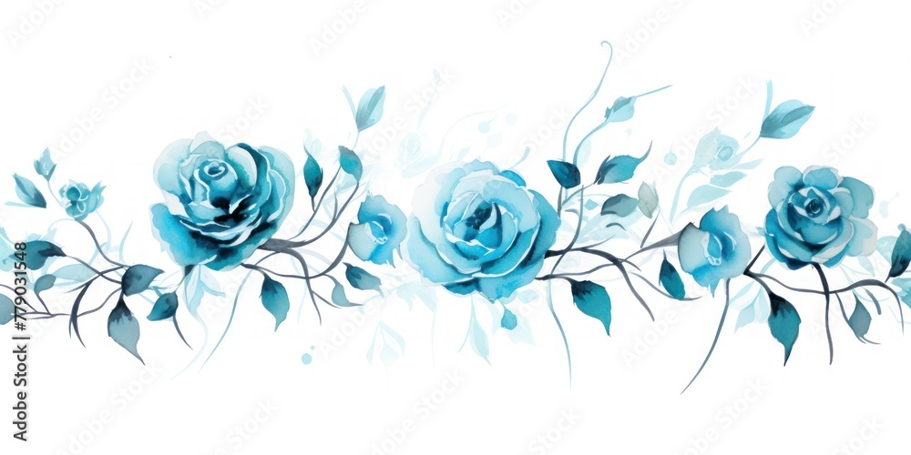 Turquoise roses watercolor clipart on white background, defined edges floral flower pattern background with copy space for design text or photo backdrop minimalistic 