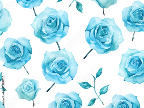 Turquoise roses watercolor clipart on white background  defined edges floral flower pattern background with copy space for design text or photo backdrop minimalistic 