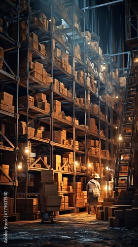 An illustration of a warehouse with a person walking down the aisle