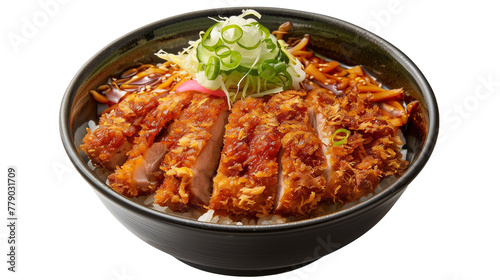 Japanese authentic food. Katsudon pork cutlet rice bowl isolated on white background
