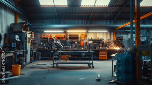 A busy metal fabrication workshop with welding stations and cutting tools, currently idle but ready to shape metal into various structures and components