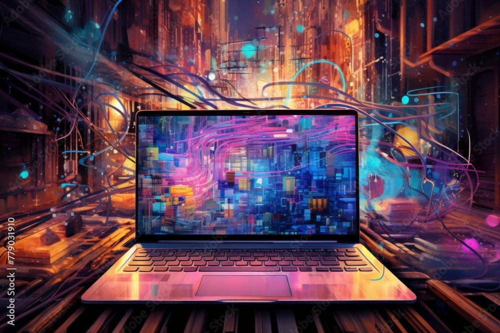 Laptop in a vibrant city illustration