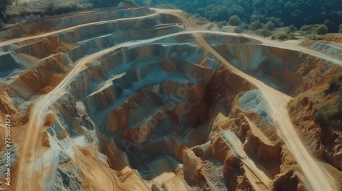 Gold mining, open pit with waste sand and earth for gold ore mining, mining of minerals and ores and precious metals