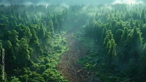 Deforestation from above, a 3D animation view, the stark contrast of nature and human impact #779032538