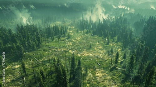 Deforestation from above, a 3D animation view, the stark contrast of nature and human impact photo