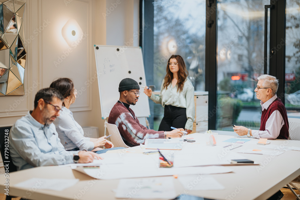 A young woman leads a discussion in a well-lit office with a diverse group of colleagues actively participating. A young woman leads a discussion in a well-lit office with a diverse group of colleagues actively participating.