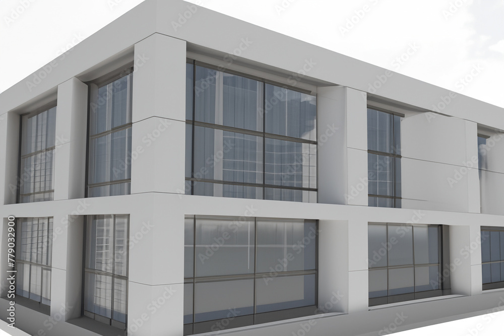 Architecture. 3d render of industrial plant with many pipes and valves. Modern office building with windows and balconies.  Industrial robot in factory. 