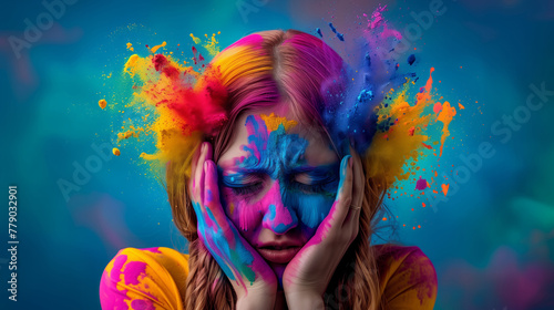 A woman with colorful face paint. woman's expression and the vibrant colors of her face paint create a contrast between her inner emotions. mix of colors representing exhaustion, tiredness, sleepiness