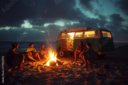 People gathered around a bonfire by the beach under the evening sky. Generative AI