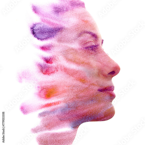 A woman's profile disappearing into a watercolor painting in paintography